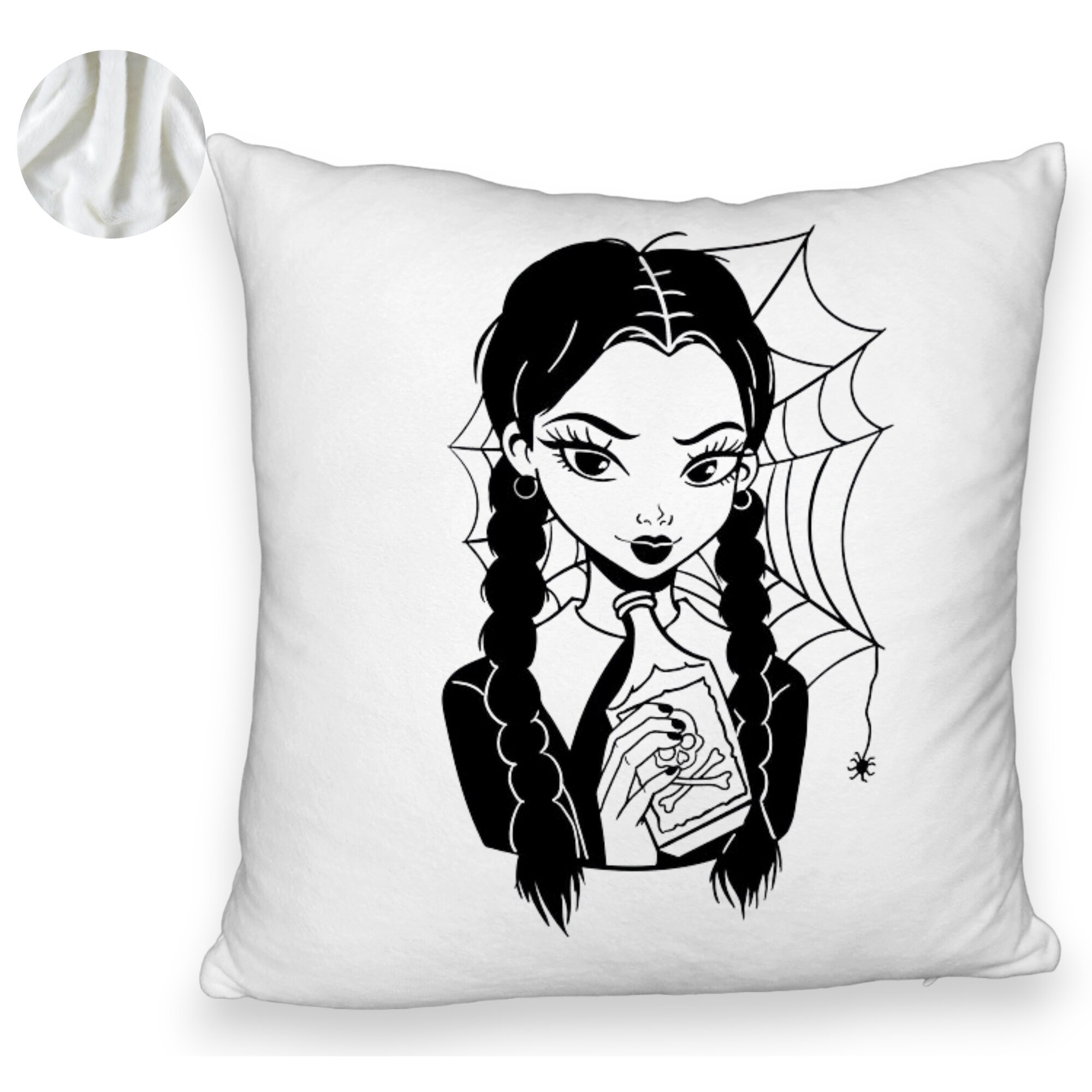 Perna Decorativa Fluffy, Model Wednesday Addams 7, 40x40 cm, Alba, Husa Detasabila, Burduf 6 Model Wednesday Addams 7