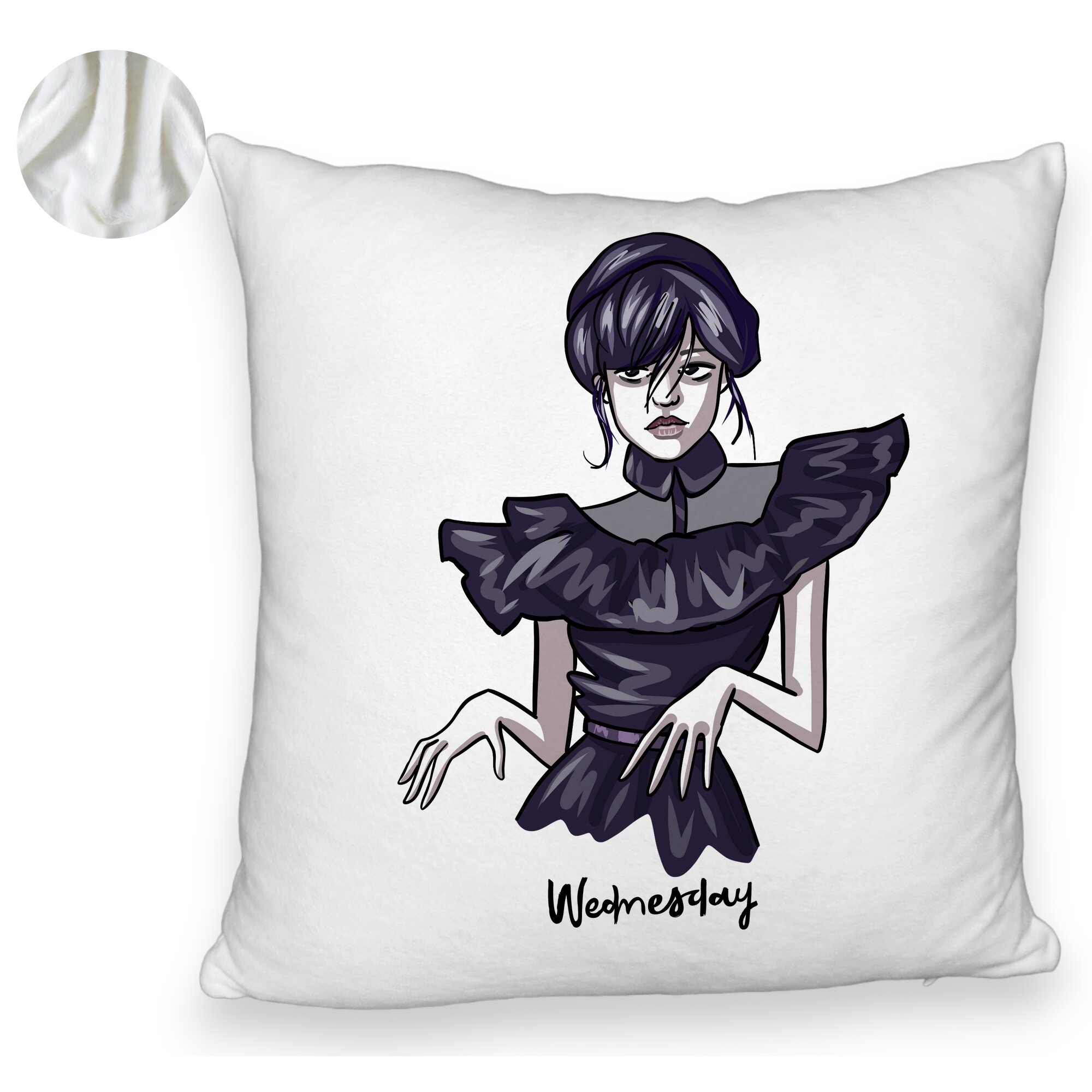 Perna Decorativa Fluffy, Model Wednesday Addams Dancing Hands 1, 40x40 cm, Alba, Husa Detasabila, Burduf 6 Model Wednesday Addams Dancing Hands 1