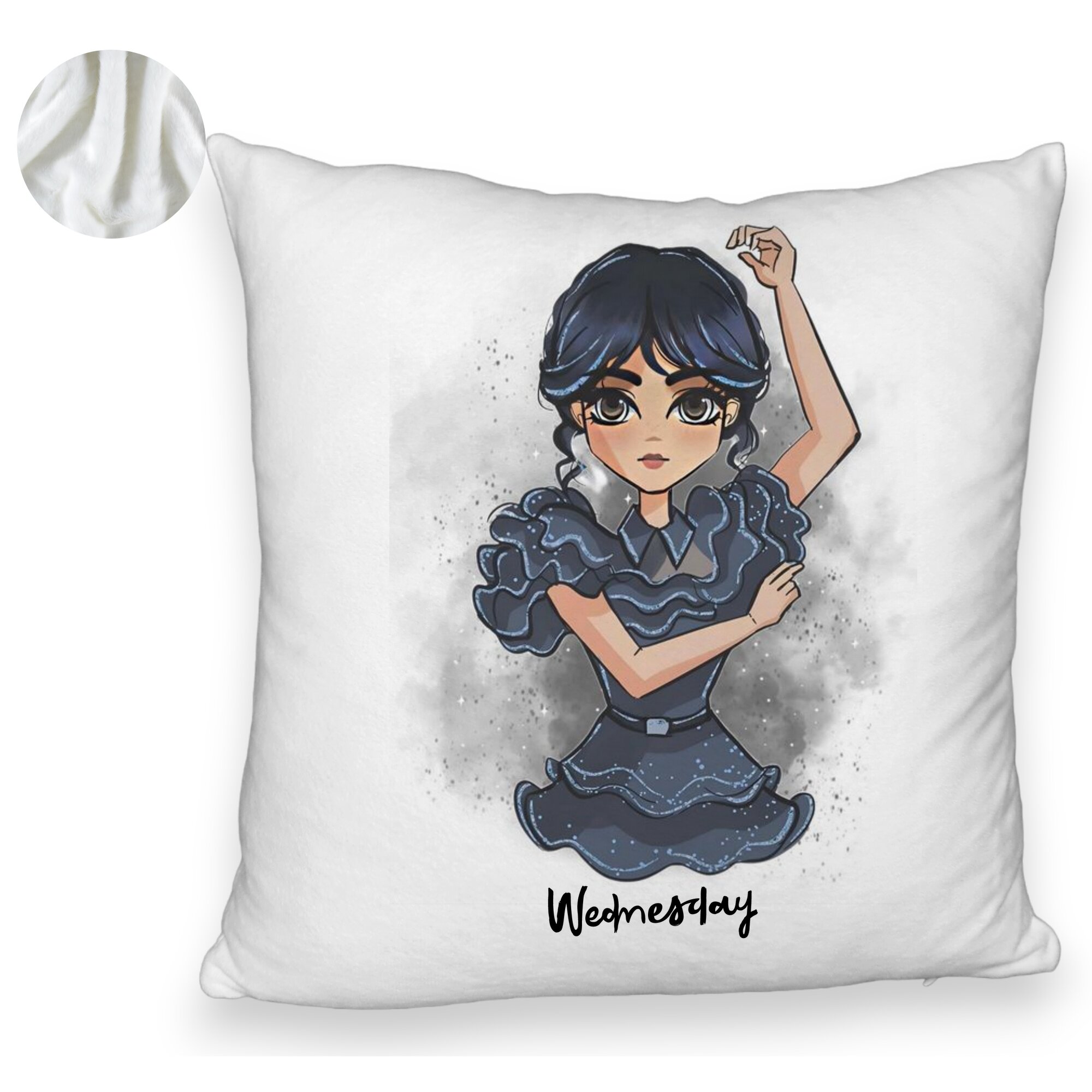 Perna Decorativa Fluffy, Model Wednesday Addams Dancing Hands 2, 40x40 cm, Alba, Husa Detasabila, Burduf 5 Model Wednesday Addams Dancing Hands 2