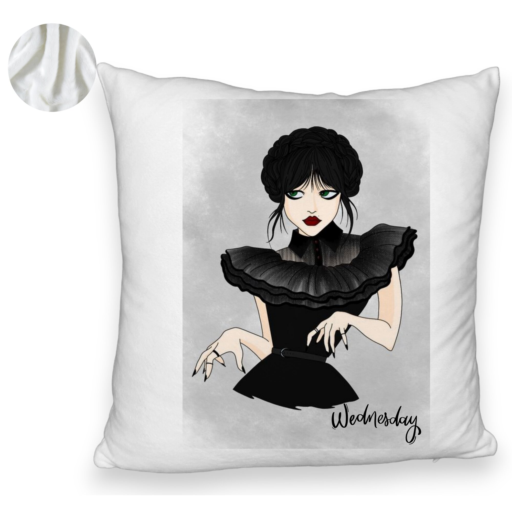 Perna Decorativa Fluffy, Model Wednesday Addams Dancing Hands 3, 40x40 cm, Alba, Husa Detasabila, Burduf 6 Model Wednesday Addams Dancing Hands 3