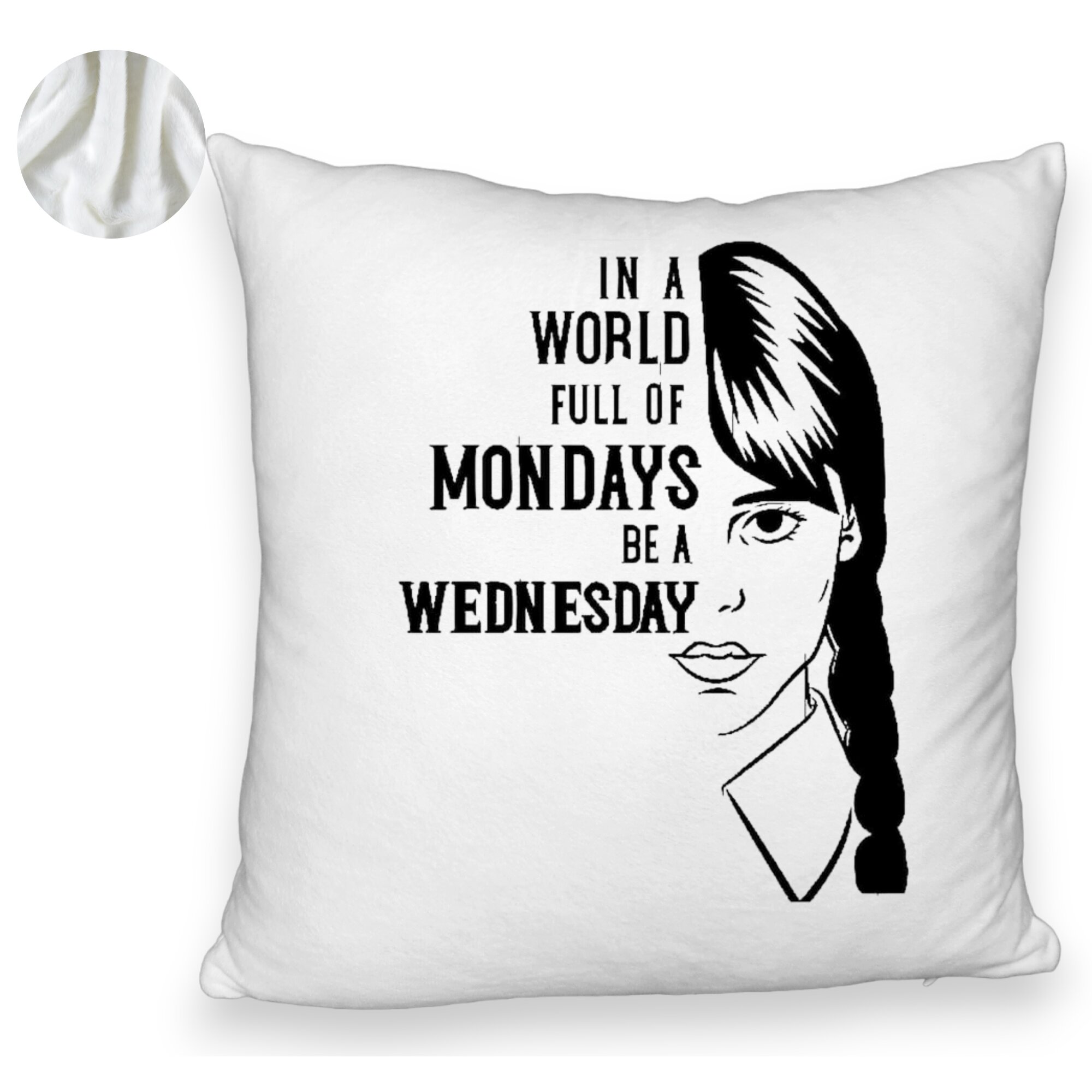 Perna Decorativa Fluffy, Model Wednesday Addams si Text, 40x40 cm, Alba, Husa Detasabila, Burduf 6 Model Wednesday Addams si Text