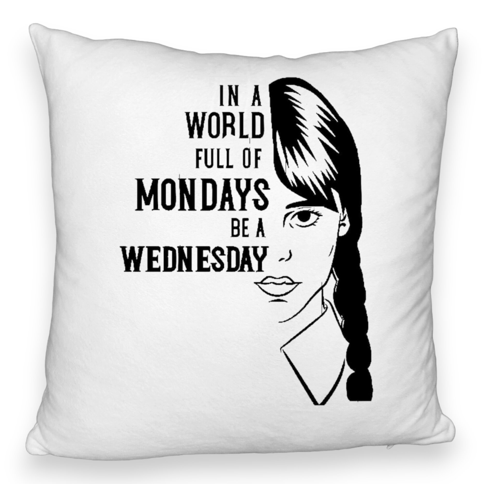 Perna Decorativa Fluffy, Model Wednesday Addams si Text, 40x40 cm, Alba, Husa Detasabila, Burduf 5 Perna Decorativa Fluffy