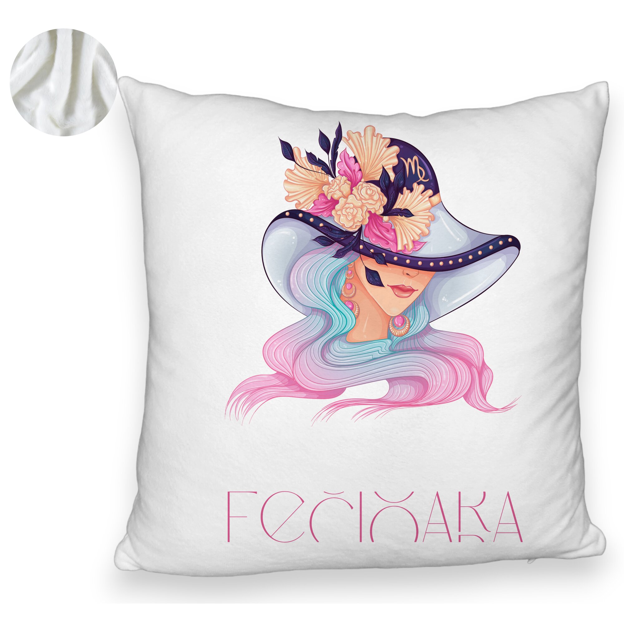 Perna Decorativa Fluffy, Model Zodia Fecioara, 40x40 cm, Alba, Husa Detasabila, Burduf 6 Model Zodia Fecioara