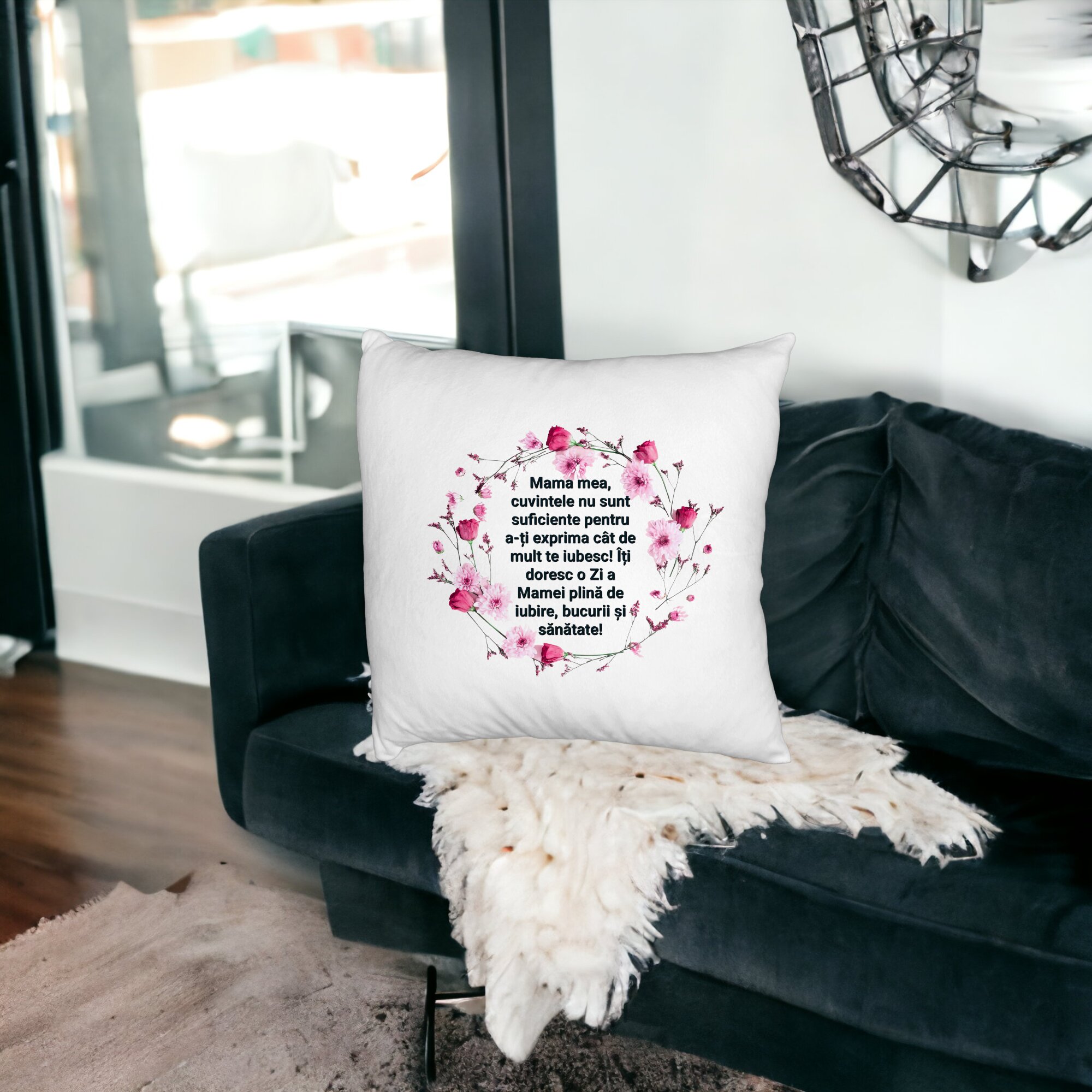 Perna Decorativa Fluffy, Model cu Model pentru Mama cu text 40x40 cm, Alba, Husa Detasabila, Burduf 15 Burduf