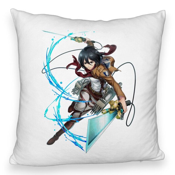 Perna Decorativa Fluffy cu Attack on Titan Mikasa, 40x40 cm, Alba, Husa Detasabila, Burduf 5 Perna Decorativa Fluffy cu Attack on Titan Mikasa