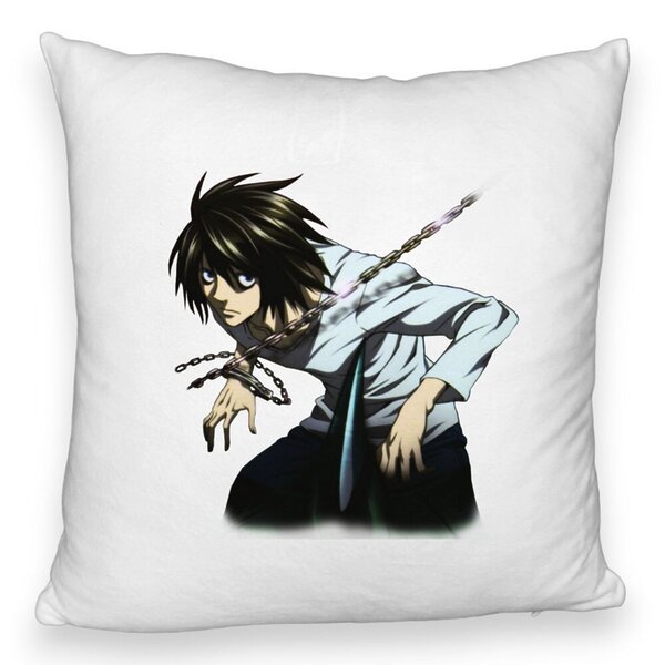 Perna Decorativa Fluffy cu Death Note L, 40x40 cm, Alba, Husa Detasabila, Burduf 5 Perna Decorativa Fluffy cu Death Note L