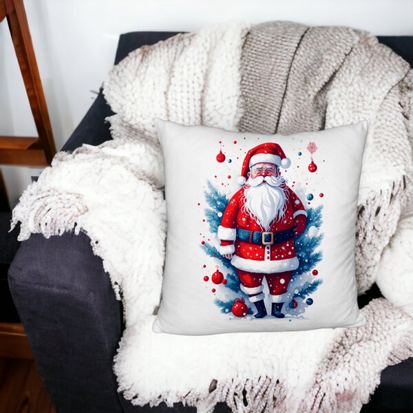 Perna Decorativa Fluffy cu Mos Craciun 2, 40x40 cm, Alba, Husa Detasabila, Burduf 17 Burduf