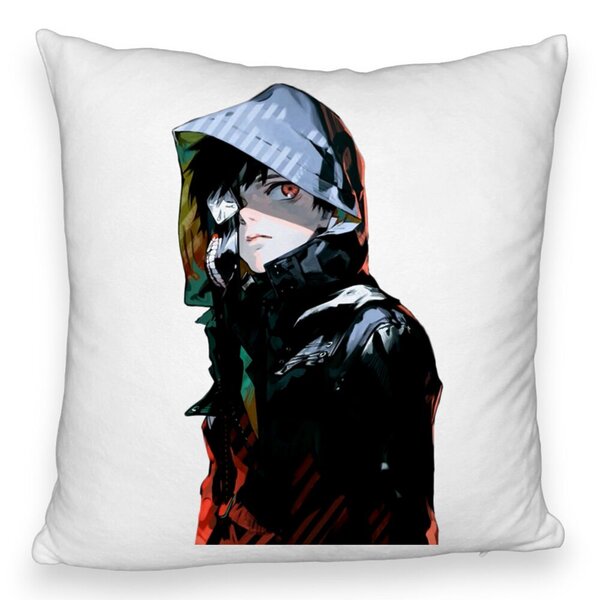 Perna Decorativa Fluffy cu Tokyo Ghoul Kaneki, 40x40 cm, Alba, Husa Detasabila, Burduf 5 Perna Decorativa Fluffy cu Tokyo Ghoul Kaneki