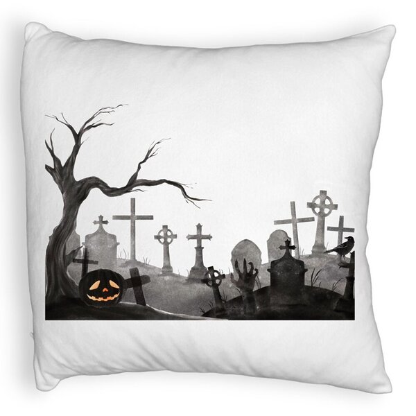 Perna Decorativa Fluffy cu motiv Cimitir de Halloween, 40x40 cm, Alba, Husa Detasabila, Burduf 5 Perna Decorativa Fluffy cu motiv Cimitir de Halloween
