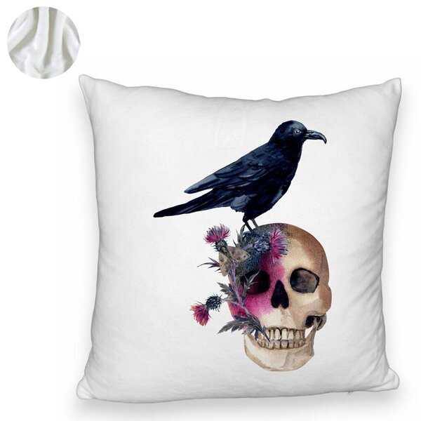 Perna Decorativa Fluffy cu motiv Craniu si Cioara de Halloween, 40x40 cm, Alba, Husa Detasabila, Burduf 6 40x40 cm