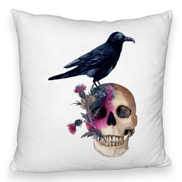 Perna Decorativa Fluffy cu motiv Craniu si Cioara de Halloween, 40x40 cm, Alba, Husa Detasabila, Burduf 5 Perna Decorativa Fluffy cu motiv Craniu si Cioara de Halloween