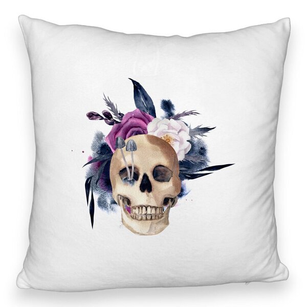 Perna Decorativa Fluffy cu motiv Craniu si Flori de Halloween, 40x40 cm, Alba, Husa Detasabila, Burduf 5 Perna Decorativa Fluffy cu motiv Craniu si Flori de Halloween