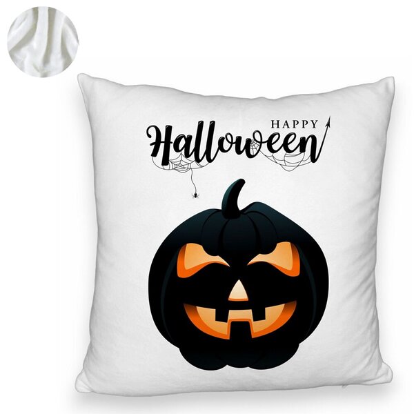 Perna Decorativa Fluffy cu motiv Dovleac de Halloween si Text, 40x40 cm, Alba, Husa Detasabila, Burduf 6 40x40 cm