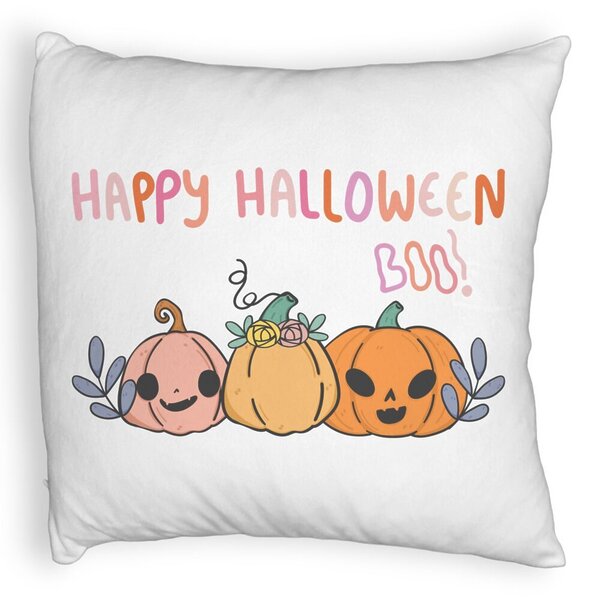 Perna Decorativa Fluffy cu motiv Dovleac si Text de Halloween, Multicolor, 40x40 cm, Alba, Husa Detasabila, Burduf 5 Perna Decorativa Fluffy cu motiv Dovleac si Text de Halloween