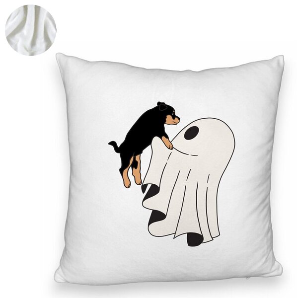 Perna Decorativa Fluffy cu motiv Fantoma si Caine de Halloween, 40x40 cm, Alba, Husa Detasabila, Burduf 6 40x40 cm