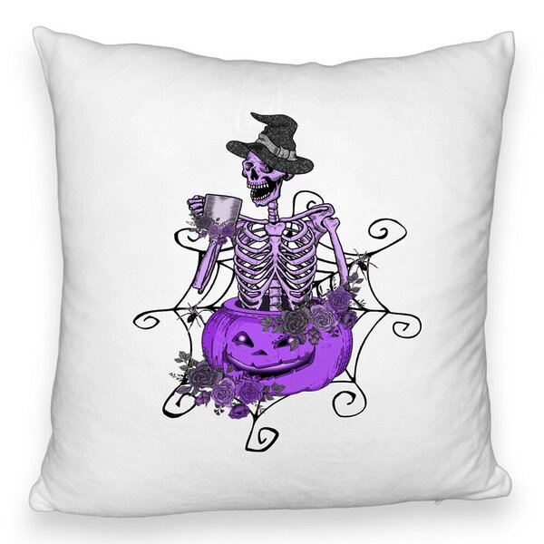 Perna Decorativa Fluffy cu motiv Sechelet de Halloween 4, 40x40 cm, Alba, Husa Detasabila, Burduf 5 Perna Decorativa Fluffy cu motiv Sechelet de Halloween 4