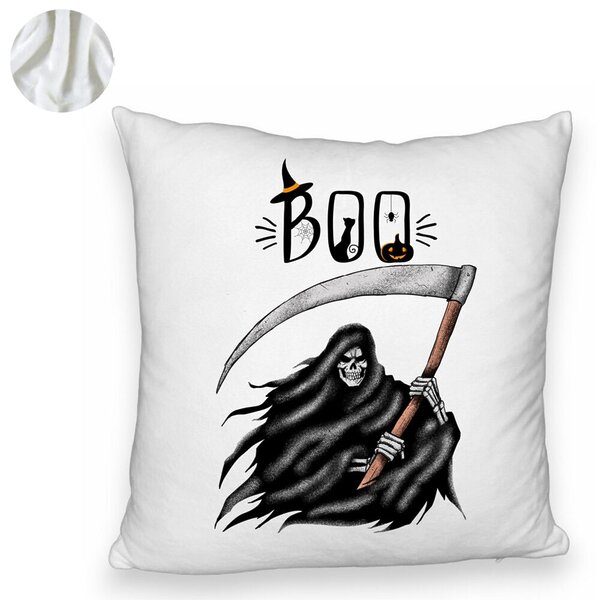 Perna Decorativa Fluffy cu motiv The Grim Reaper, de Halloween, 40x40 cm, Alba, Husa Detasabila, Burduf 6 de Halloween