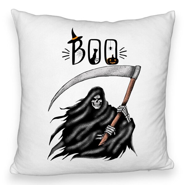 Perna Decorativa Fluffy cu motiv The Grim Reaper, de Halloween, 40x40 cm, Alba, Husa Detasabila, Burduf 5 Perna Decorativa Fluffy cu motiv The Grim Reaper