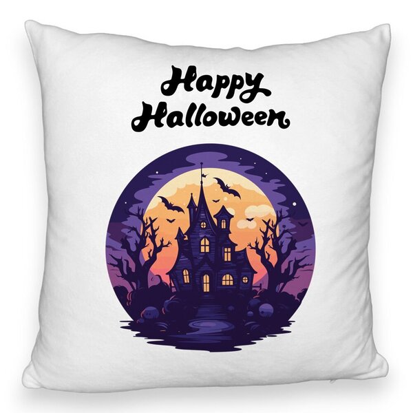 Perna Decorativa Fluffy cu motiv de Halloween si Text, 40x40 cm, Alba, Husa Detasabila, Burduf 5 Perna Decorativa Fluffy cu motiv de Halloween si Text