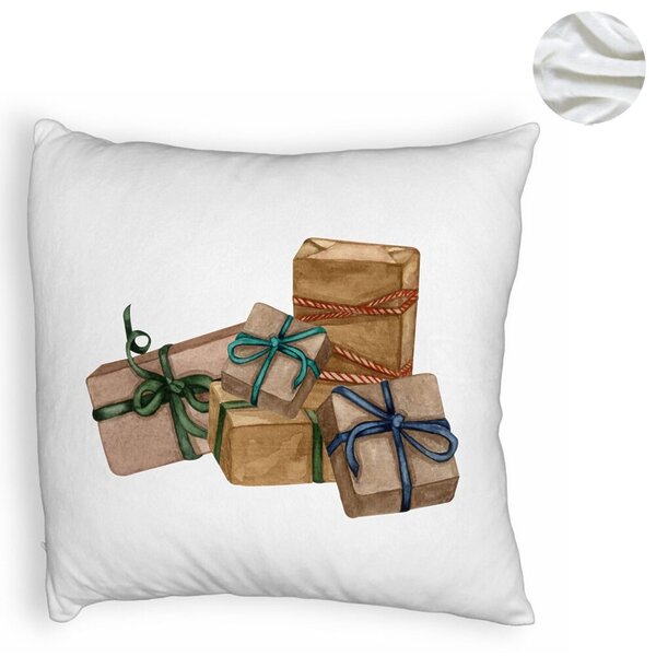 Perna Decorativa Fluffy cu tematica de Craciun, Cadouri, 40x40 cm, Alba, Husa Detasabila, Burduf 6 Cadouri