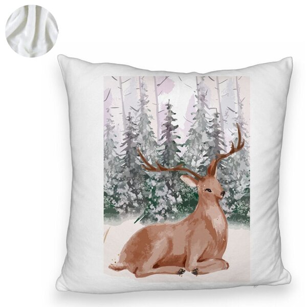 Perna Decorativa Fluffy cu tematica de Craciun, Cerb, 40x40 cm, Alba, Husa Detasabila, Burduf 6 Cerb