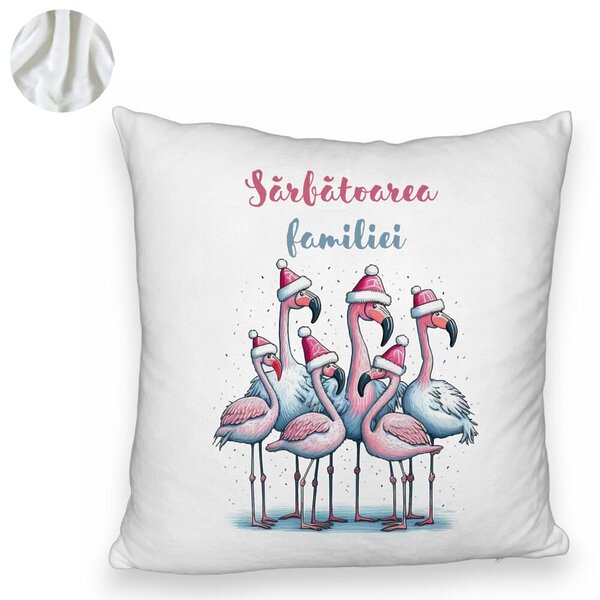 Perna Decorativa Fluffy cu tematica de Craciun, Flamingo si Text 2, 40x40 cm, Alba, Husa Detasabila, Burduf 6 Flamingo si Text 2