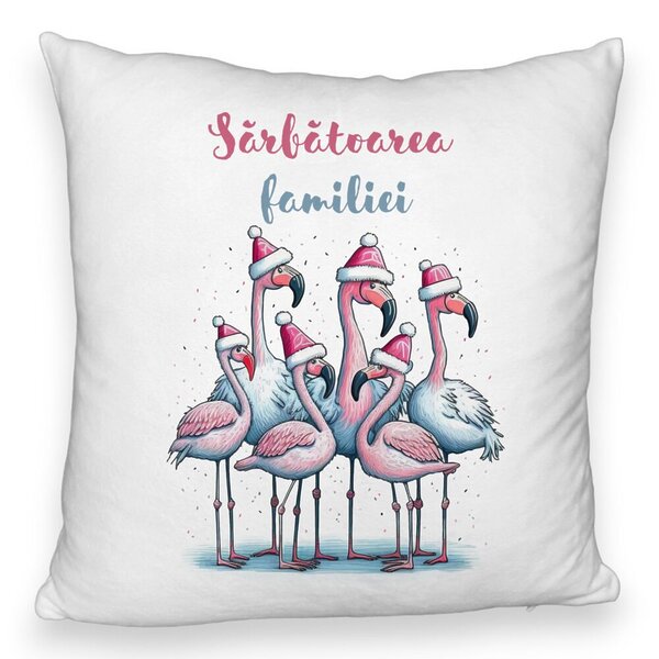 Perna Decorativa Fluffy cu tematica de Craciun, Flamingo si Text 2, 40x40 cm, Alba, Husa Detasabila, Burduf 5 Perna Decorativa Fluffy cu tematica de Craciun