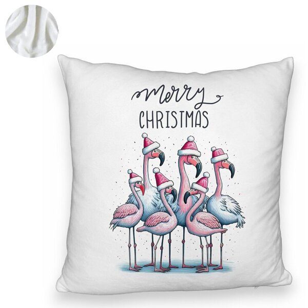 Perna Decorativa Fluffy cu tematica de Craciun, Flamingo si Text, 40x40 cm, Alba, Husa Detasabila, Burduf 6 Flamingo si Text