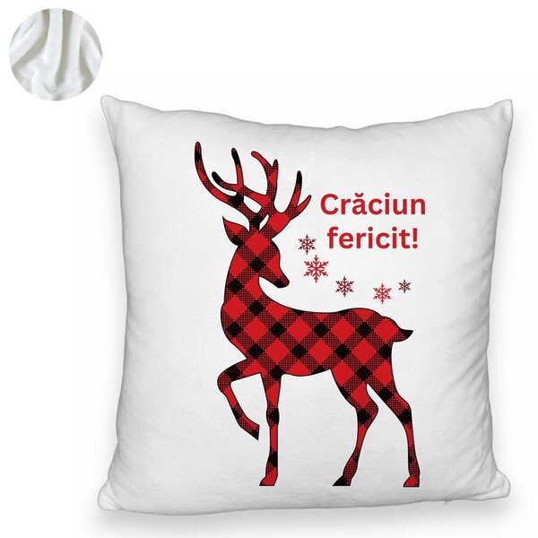 Perna Decorativa Fluffy cu tematica de Craciun, Ren si Text 4, 40x40 cm, Alba, Husa Detasabila, Burduf 6 Ren si Text 4