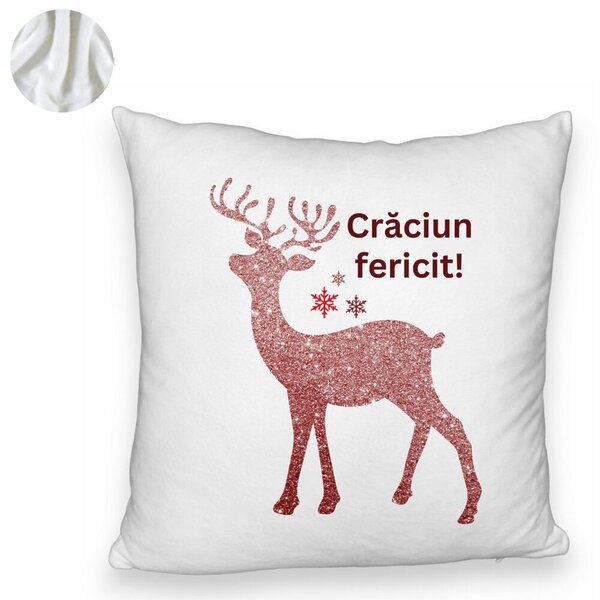 Perna Decorativa Fluffy cu tematica de Craciun, Ren si Text 5, 40x40 cm, Alba, Husa Detasabila, Burduf 6 Ren si Text 5