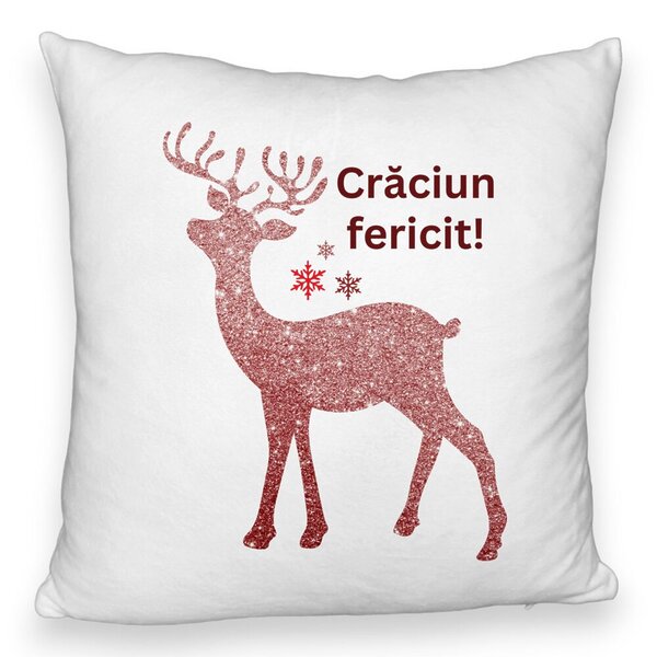 Perna Decorativa Fluffy cu tematica de Craciun, Ren si Text 5, 40x40 cm, Alba, Husa Detasabila, Burduf 5 Perna Decorativa Fluffy cu tematica de Craciun