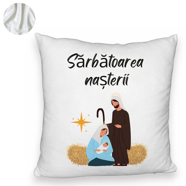 Perna Decorativa Fluffy cu tematica de Craciun, Sarbatoarea Nasterii 1, 40x40 cm, Alba, Husa Detasabila, Burduf 6 Sarbatoarea Nasterii 1