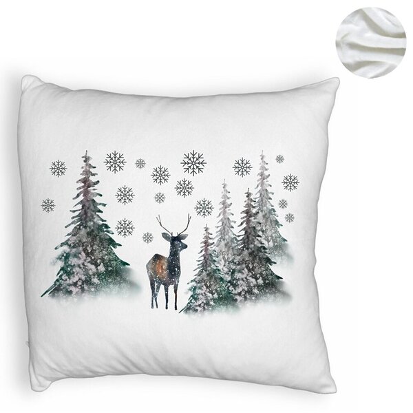 Perna Decorativa Fluffy de Craciun, Peisaj Brazi si Cerb, 40x40 cm, Alba, Husa Detasabila, Burduf 6 Peisaj Brazi si Cerb