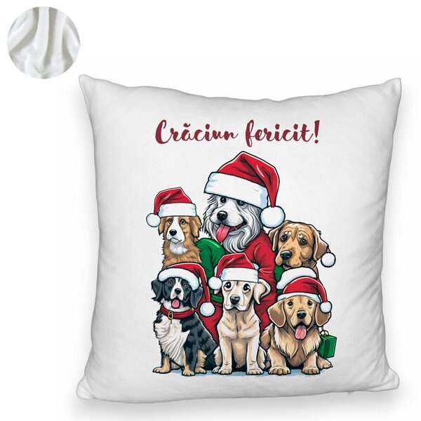 Perna Decorativa Fluffy de Craciun cu Catelusi si Text, 40x40 cm, Alba, Husa Detasabila, Burduf 6 40x40 cm