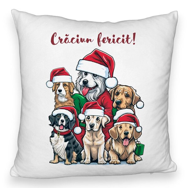 Perna Decorativa Fluffy de Craciun cu Catelusi si Text, 40x40 cm, Alba, Husa Detasabila, Burduf 5 Perna Decorativa Fluffy de Craciun cu Catelusi si Text