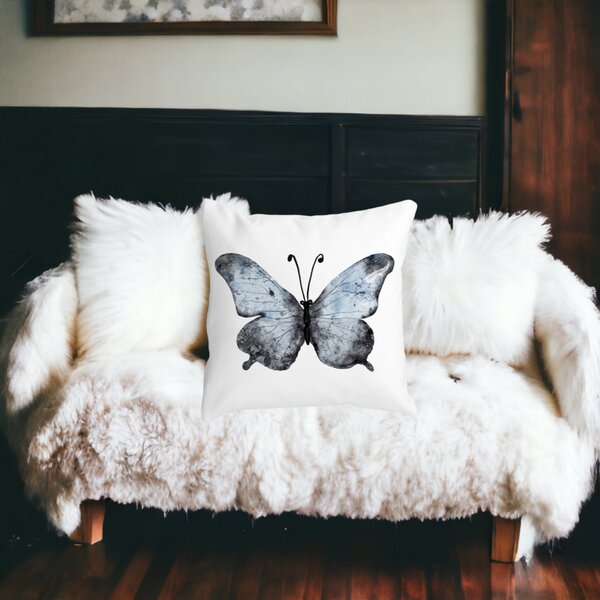 Perna Decorativa Fluture 1, Blue and Black 40x40 cm, Alba, Mata, Husa Detasabila, Burduf 18 Burduf