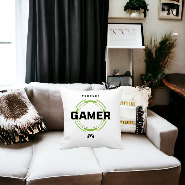 Perna Decorativa, Forever Gamer, 40x40 cm, Alba, Mata, Husa Detasabila, Burduf 17 Mata