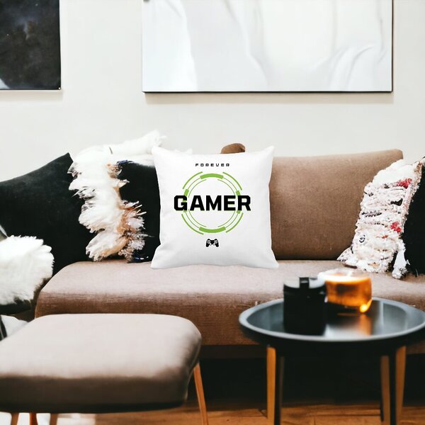 Perna Decorativa, Forever Gamer, 40x40 cm, Alba, Mata, Husa Detasabila, Burduf 18 Husa Detasabila