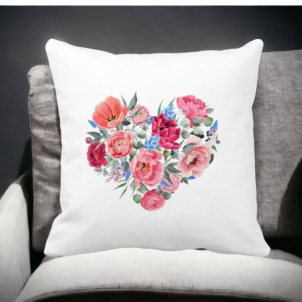 Perna Decorativa, Heart of Flowers, 40x40 cm, Alba, Mata, Husa Detasabila, Burduf 15 Mata