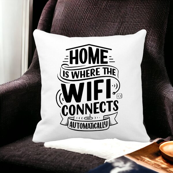 Perna Decorativa, Home is Where WIFI Connects Automatically, 40x40 cm, Alba, Mata, Husa Detasabila, Burduf 14 Alba