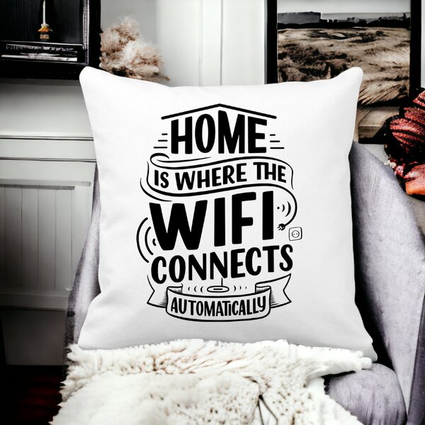 Perna Decorativa, Home is Where WIFI Connects Automatically, 40x40 cm, Alba, Mata, Husa Detasabila, Burduf 15 Mata