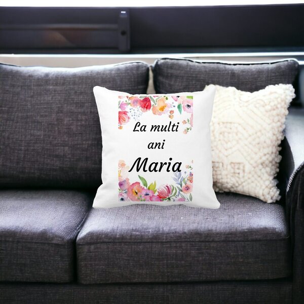 Perna Decorativa La multi ani Maria 2,40x40 cm, Alba, Mata, Husa Detasabila, Burduf 14 40x40 cm