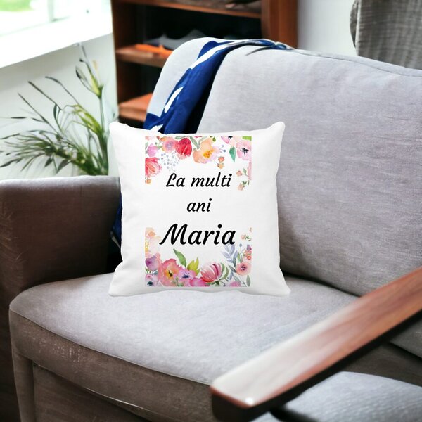 Perna Decorativa La multi ani Maria 2,40x40 cm, Alba, Mata, Husa Detasabila, Burduf 15 Alba
