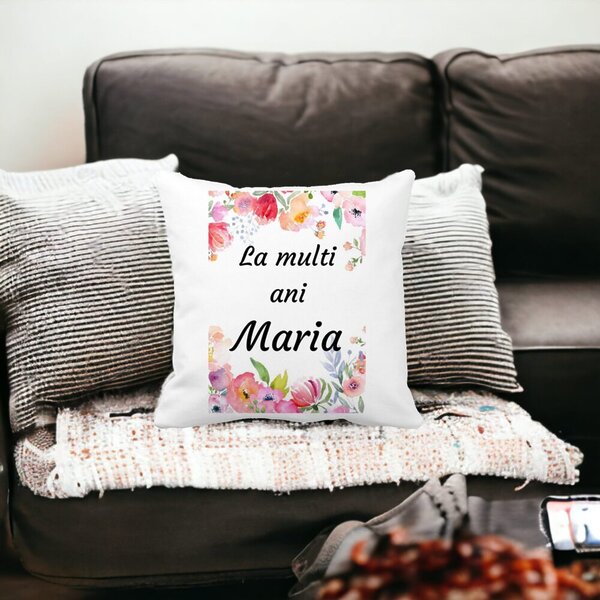 Perna Decorativa La multi ani Maria 2,40x40 cm, Alba, Mata, Husa Detasabila, Burduf 16 Mata