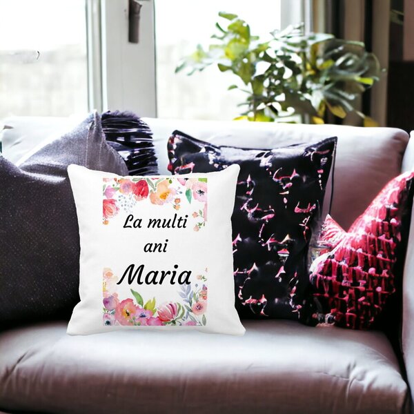 Perna Decorativa La multi ani Maria 2,40x40 cm, Alba, Mata, Husa Detasabila, Burduf 17 Husa Detasabila