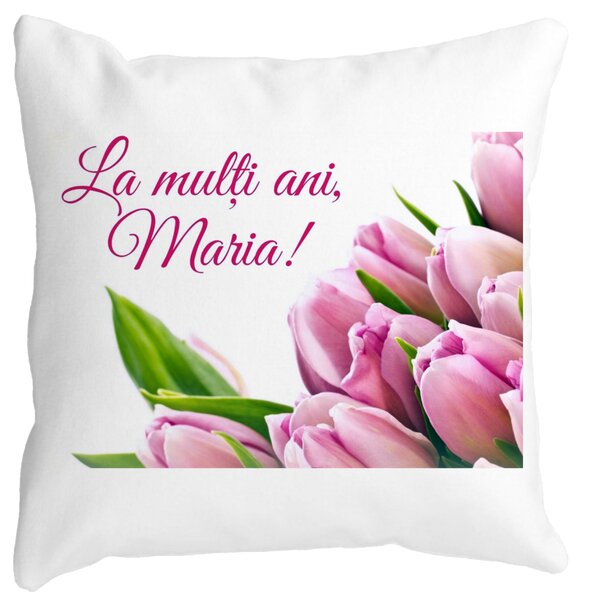 Perna Decorativa La multi ani Maria, 40x40 cm, Alba, Mata, Husa Detasabila, Burduf 11 Perna Decorativa La multi ani Maria