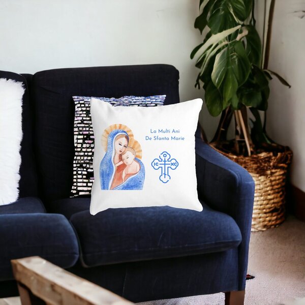 Perna Decorativa La multi ani de Sfanta Maria, 40x40 cm, Alba, Mata, Husa Detasabila, Burduf 14 40x40 cm