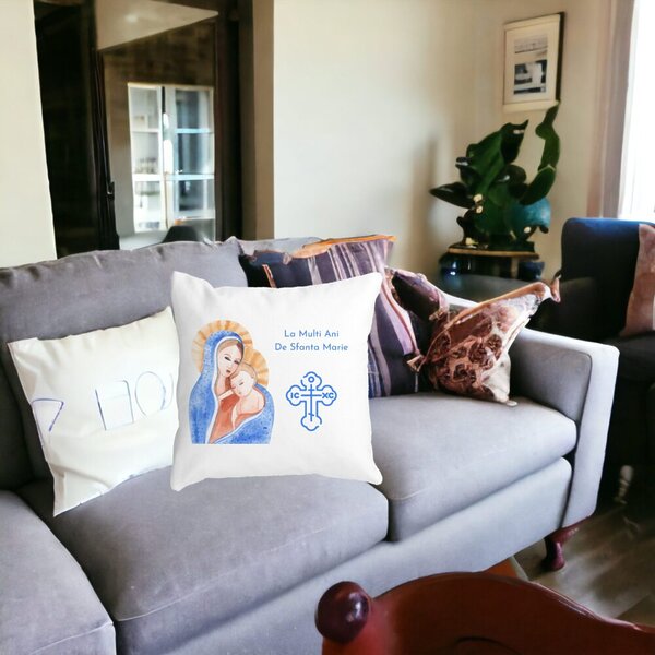 Perna Decorativa La multi ani de Sfanta Maria, 40x40 cm, Alba, Mata, Husa Detasabila, Burduf 15 Alba