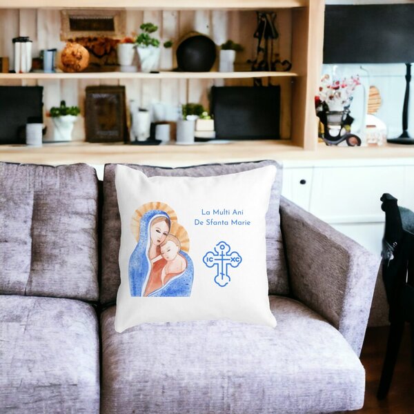 Perna Decorativa La multi ani de Sfanta Maria, 40x40 cm, Alba, Mata, Husa Detasabila, Burduf 16 Mata