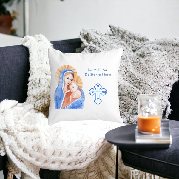 Perna Decorativa La multi ani de Sfanta Maria, 40x40 cm, Alba, Mata, Husa Detasabila, Burduf 17 Husa Detasabila